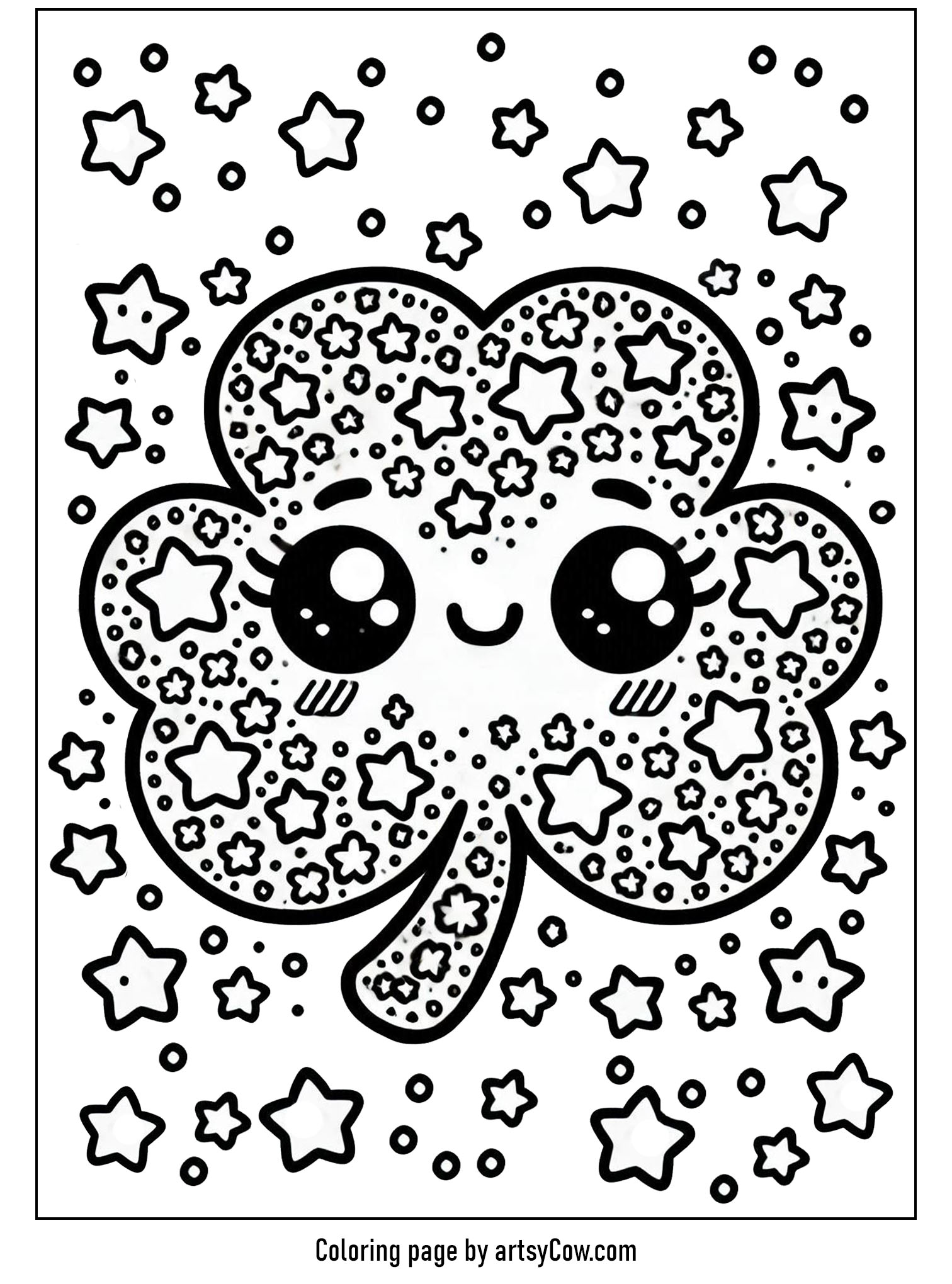 Shamrock Coloring Pages featuring a playful shamrock adorned with cheerful star and confetti shapes, perfect for creative coloring fun.